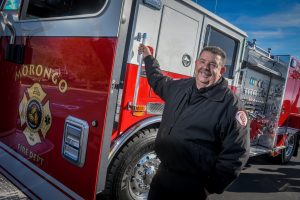 Morongo Fire Department Chief Kevin Gaines and the new Morongo Fire Engine.